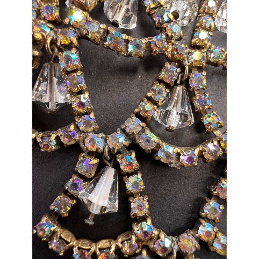 Vintage AB Rhinestone Bib Necklace Clear Glass Dangles Gold Tone - Picture 9 of 12